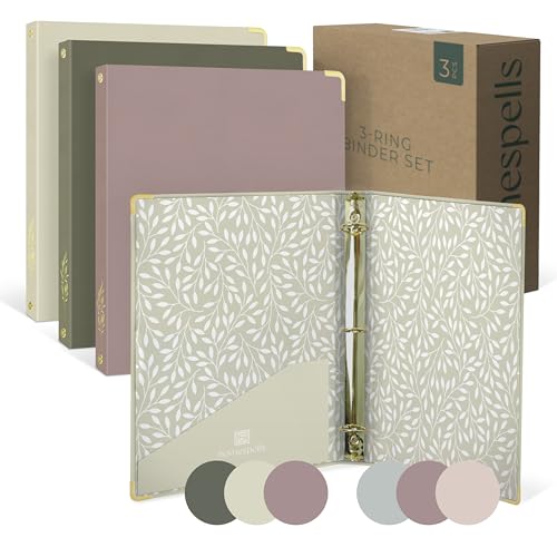 3 Ring Binder 1-Inch Rings – 3-Pack of Cute Binders with Pockets, Gold-Foil & Metal Corners – 1 Inch Binders 3 Ring Cute for School, Office & Work – 1" Pastel Three-Ring Binder One Inch - color: Rose, Olive, Warm Sage