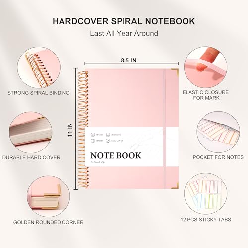 Pink Spiral Notebook College Ruled 8.5 X 11 with Stickers, Hardcover | 220 Pages, A4 Large Note Book for Work Note Taking School Office Women Men Writing - color: Pink