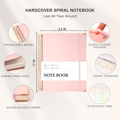 Pink Spiral Notebook College Ruled 8.5 X 11 with Stickers, Hardcover | 220 Pages, A4 Large Note Book for Work Note Taking School Office Women Men Writing - color: Pink