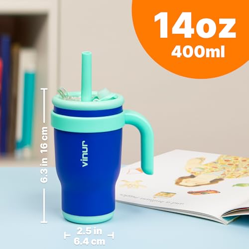 VINUR Kids Insulated Tumbler with Handle 14 oz Stainless Steel Double Wall Vacuum Travel Water Drink Cup with Lid and Straw (Navy) - color: Navy, size: 14 Ounces