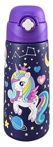 Girls Insulated Water Bottle with Covered Pop-Up Straw,16 oz Kids Cups with Stainless Steel Leak Proof for School（Unicorn-Purple） - color: A20.Unicorn-P, style: 1Pack