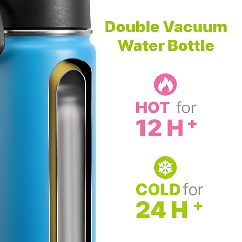 Kids Water Bottle-16 oz Stainless Steel Double Wall Vacuum Insulated Wide Mouth Water Bottle with Straw-Metal Travel Water Flask for School Boy and Girl (Sky Blue) - color: Sky Blue, size: 16 Ounces