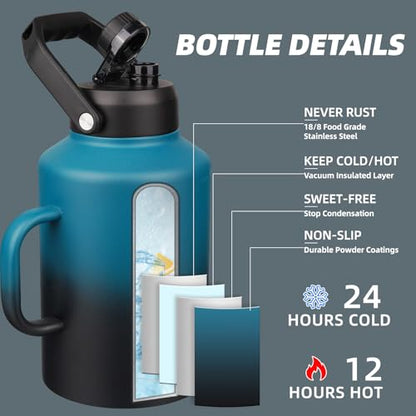 BJPKPK 1 Gallon Water Bottle with Handle, Large Dishwasher Safe 128oz Insulated Water Bottle, BPA Free Water Jug, Wide Mouth Metal Flasks with Anti-slip Bottom, Keep Cold & Hot,Blue & Black - color: Blue & Black, style: 128oz-Side Handle