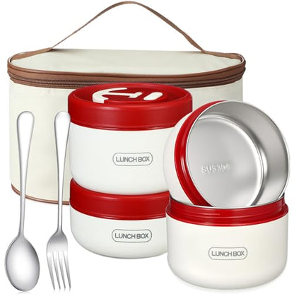 Dandat 4 Pcs Insulated Lunch Container, Portable Bento Box, Stainless Steel Lunch Box, Round Stackable Leakproof Thermal Food Container for Adult Men Women with Insulated Bag, 74 oz(Red) - color: Red