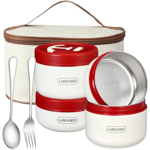 Dandat 4 Pcs Insulated Lunch Container, Portable Bento Box, Stainless Steel Lunch Box, Round Stackable Leakproof Thermal Food Container for Adult Men Women with Insulated Bag, 74 oz(Red) - color: Red