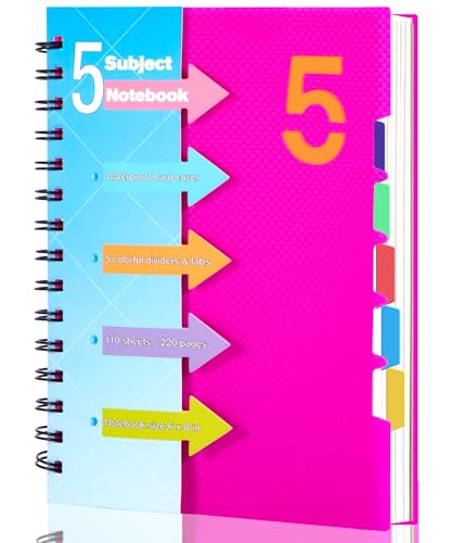 CAGIE 5 Subject Notebook, A5 Small Spiral Notebook with Removable Pocket Dividers Tabs, 240 Pages Spiral Note Book College Ruled for School Work Note taking, 6.1 * 8.27in, Rose Pink - color: Roes Pink, size: A5(6×8in)