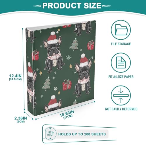 Fustylead Xmas Cute Bulldog Puppy and Tree 3 Ring Binder, D-Rings 1.5" Hardcover Folder, Fits 200 Sheets of A4 Paper, Durable Clipboard & Clean View with Inside Pockets for School Home Office - size: 12.4x10.63x2.36 Inch-1 Pack