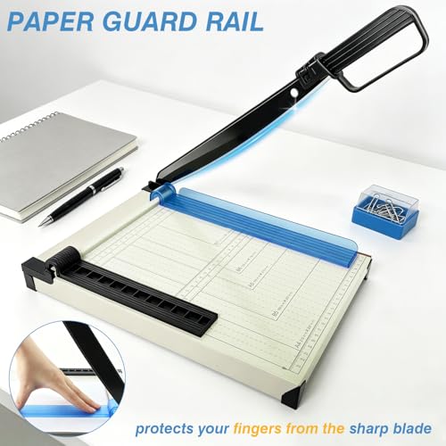 Paper Cutter, 12" Cut Length Guillotine Trimmer, Paper Cutting Board with 10 Sheet Capacity Papers, Metal Base Papers Slicer with Safety Guard for Classroom Office Home Cardstock Crafts & Photo