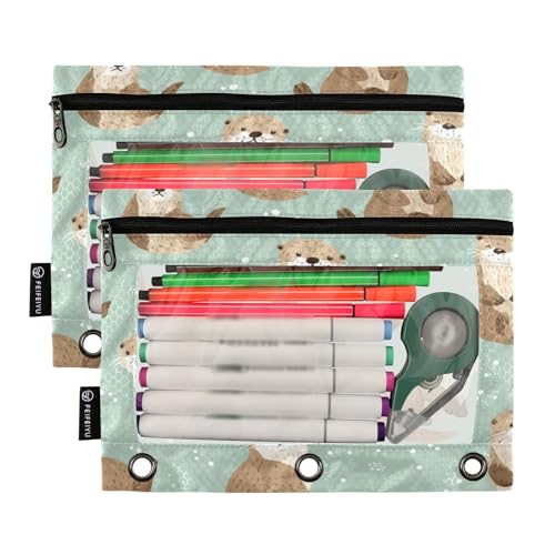 Pencil Pouch for 3 Ring Binder Cute Otters Pattern Clear Window Stationery Bag Pencil Case 2 Pack for Office School Supplies - color: Cute Otter