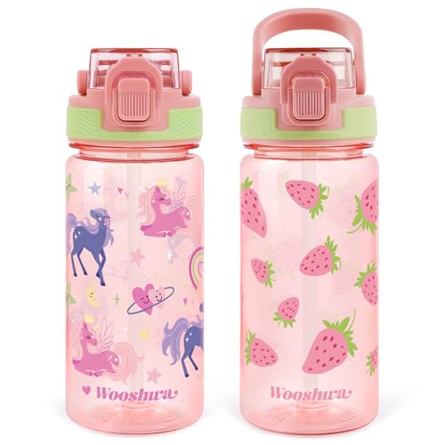 Kids Water Bottle for School, 16 Oz Plastic Straw Water Bottle with Silicone Spout and Leakproof Cover, Dishwasher Safe (Strawberry/Unicorn) - color: Strawberry/Unicorn, size: 16 Ounces