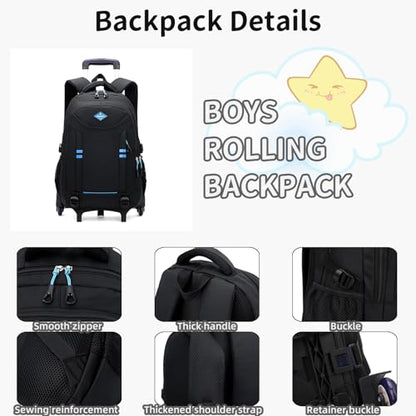 Rolling Backpack for Boys Elementary School Bag with Wheels Travel Trolley Bag 2 wheels and 6 wheels - color: Black/Blue 2 Wheels, size: 2 wheels