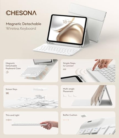 CHESONA Compatible for iPad 11th(A16)/10th Generation Case with Keyboard | Detachable Wireless Keyboard, Stand Folio Keyboard Cover with Pencil Holder, Thin & Light, White - color: White