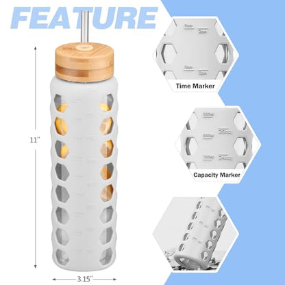 MUKOKO Glass Water Bottle, 32oz, White | Glass Tumbler with Straw, Drinking Bottles with 2 Lids-Handle Spout Lid & Bamboo Straw Lid, Silicone Sleeve, 1 Pack - color: White, size: 32 Ounces