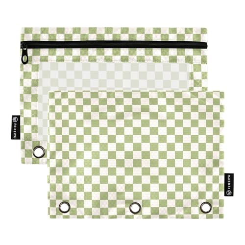 Emelivor Checkerboard Green Pencil Pouch for 3 Ring Binder 2 Pcs Binder Pouches with Zipper Pocket Pencil Case Bag with Clear Window for Office Daily School Supplies - color: Colored045