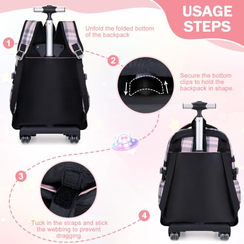 FIXITOK Rolling Backpack for Girls, Kawaii Bunny Roller Wheels School Backpacks with Lunch Bag Pencil case, Wheeled Suitcase Bookbag for Elementary Travel Plaid-Blackpink - color: Plaid-blackpink