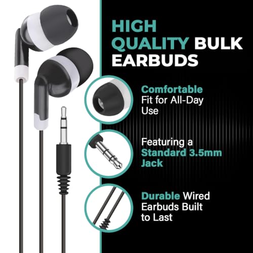 JustJamz Bulk Earbuds 100 Pack | Wired in-Ear Earphones for Classroom, Students, Kids, and Libraries | Disposable Headphones with 3.5mm Jack, Perfect for Schools, Laptops, and Chromebooks, Black