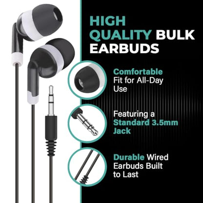 JustJamz Bulk Earbuds 100 Pack | Wired in-Ear Earphones for Classroom, Students, Kids, and Libraries | Disposable Headphones with 3.5mm Jack, Perfect for Schools, Laptops, and Chromebooks, Black