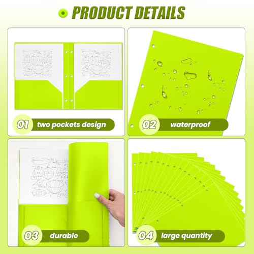 Yeaqee 72 Pcs Plastic Folders with Pockets Bulk 3 Hole Punched 2 Pocket File Folders for 3 Ring Binder Divider Folder for Notebooks, Durable Poly for Office Home (Neon Green) - color: Neon Green