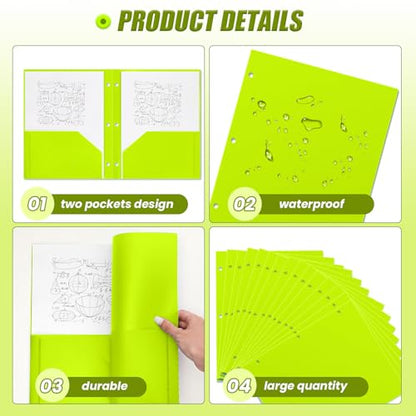 Yeaqee 72 Pcs Plastic Folders with Pockets Bulk 3 Hole Punched 2 Pocket File Folders for 3 Ring Binder Divider Folder for Notebooks, Durable Poly for Office Home (Neon Green) - color: Neon Green
