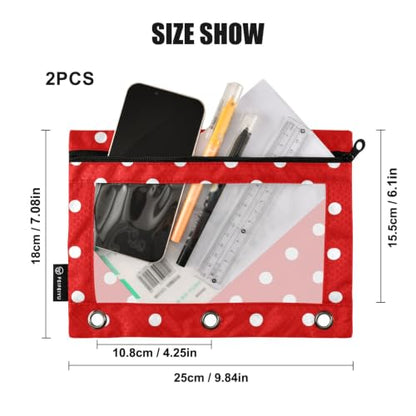 Binder Pencil Pouch for 3 Ring Binder Pencil Case Bags Red Polka Dot with Zipper Clear Window 2 Pack - color: Red Polka Dot