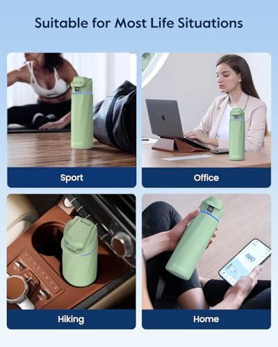 WaterH BOOST Smart Water Bottle Tracker with Reminder to Drink Water, 24oz | BPA-Free Double Wall Vacuum Insulated Stainless Steel, Leakproof, Smart App Tracking, Fits Cup Holders, Wide Mouth for School - color: Green, size: 24 Ounces