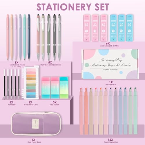 39PCS Aesthetic School Supplies with Cute Pencil Case, 5X Ballpoint Pens with Stylus Tip, 12X Pastel Highlighters, 6X Mechanical Pencil Set 0.5&0.7mm, Suit for Preppy School College Essentials(purple) - color: Purple