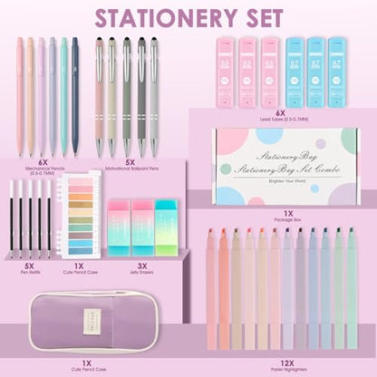 39PCS Aesthetic School Supplies with Cute Pencil Case, 5X Ballpoint Pens with Stylus Tip, 12X Pastel Highlighters, 6X Mechanical Pencil Set 0.5&0.7mm, Suit for Preppy School College Essentials(purple) - color: Purple