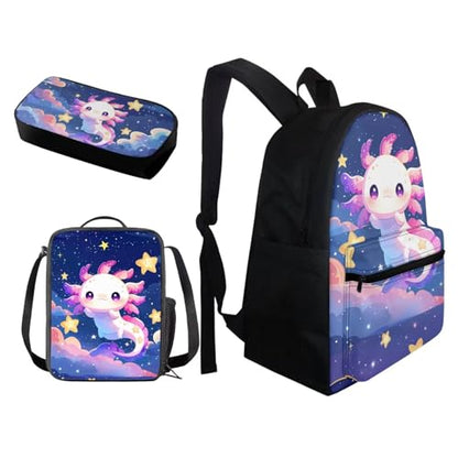 BIGCARJOB Cute Axolotl Backpack for Girls 8-10,Pink Axolotl Star Print School Bookbags Little Girls Back to School Daypack Children Kids Kawai School Backpack with Lunchbags Pencil Holder - color: Axolotl Star Print, size: One Size
