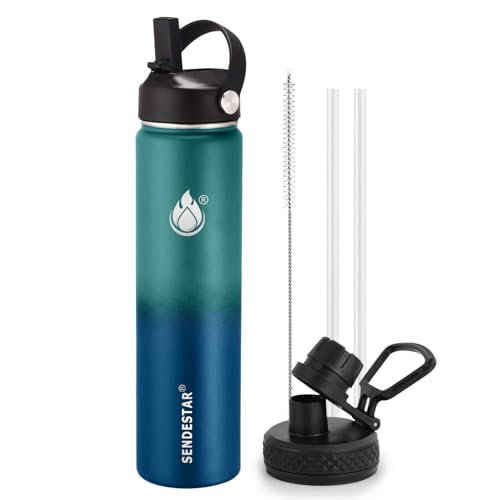 SENDESTAR Insulated Water Bottle 24 OZ, Wide Mouth 24 oz Water Bottle with Straw Lid, Spout Lid, Double Wall Vacuum Stainless Steel Leak Proof, Keeps Liquids Hot or Cold (Green & Blue) - color: Green & Blue, size: 24 Ounces