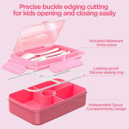 Jelife Kids Lunch Bento Box, Large Bento-Style Leakproof Boxes 4 Compartments Girls Snack Containers with Tableware for Back to School, Reusable On-the-Go Meal and Packing, Pink - color: 1100ml-Pink