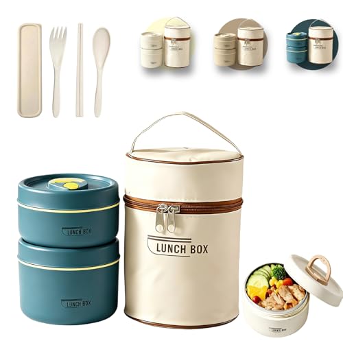 2 Tier Portable Insulated Lunch Container Set, Stackable Bento Box with Thermal Lunch Bag, Microwaveable Hot Food Container for Adults, Leakproof Thermal Food Container for Picnic, Work & Travel - color: Blue, size: 2 Tier