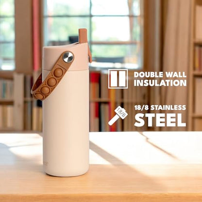 Elemental Insulated Kids Water Bottle, Stainless Steel Water Bottle with Straw Lid & Pop-It Handle, Leak-Proof Water Bottles for School, Boys or Girls, Travelling and Sports, 18oz - Beige - color: Beige