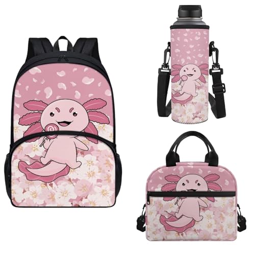 Horeset Cherry Blossom Axolotl Backpack Set for Boys Kids Book Bag with Water Holder Case Meal Bag Storage, Lightweight Water-Resistant School Bag for Outdoor Picnic - color: Cherry Blossom Axolotl