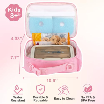 FlowFly Kids Lunch Bag, Durable Insulated School Lunch Box with Shoulder Strap and Bottle Holder, Water-resistant Thermal Small Lunch Cooler Tote for Teen Boys & Girls,Pink - color: Pink