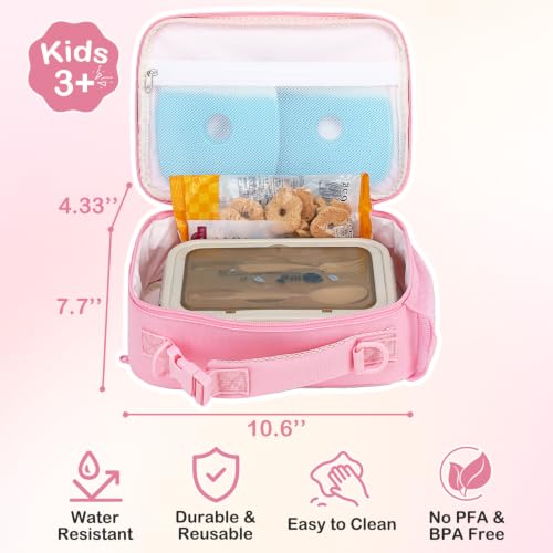 FlowFly Kids Lunch Bag, Durable Insulated School Lunch Box with Shoulder Strap and Bottle Holder, Water-resistant Thermal Small Lunch Cooler Tote for Teen Boys & Girls,Pink - color: Pink
