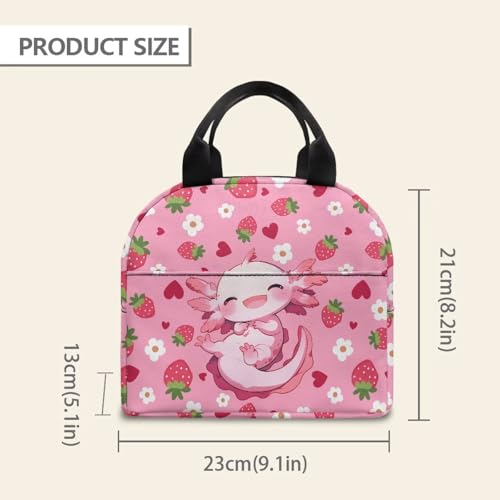 Kawaii Axolotl Lunch Box for Girls Portable Leakproof Kids Lunch Box Multifunctional Large Thermal Cooler Bag for School Camping Picnic - color: Kawaii Axolotl Strawberry