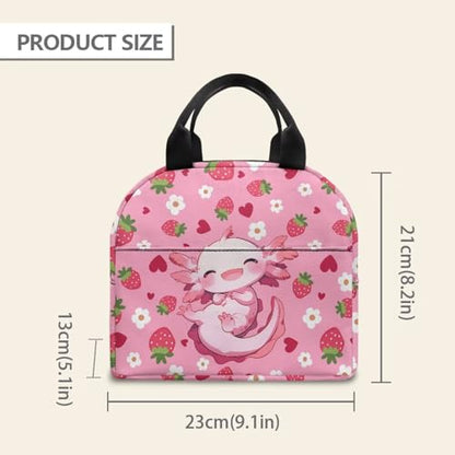 Kawaii Axolotl Lunch Box for Girls Portable Leakproof Kids Lunch Box Multifunctional Large Thermal Cooler Bag for School Camping Picnic - color: Kawaii Axolotl Strawberry