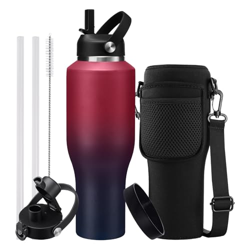 40 oz Insulated Water Bottle with Straw and Spout Lid, Stainless Steel Water Bottle Fits in Cup Holders, Double Wall Metal Flask Large Water Cup for Drive Trip Gym - color: Rose&Purple, size: 40 Ounces