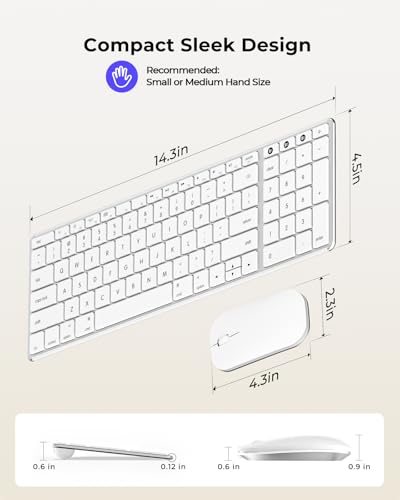 seenda SKM64-2 Bluetooth Keyboard and Mouse Combo for Mac, MacBook and iPad | 3-device Bluetooth switching, rechargeable, quiet keys/clicks, compact slim design for office and home use, White & Silver - color: White & Silver