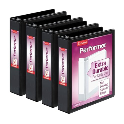 Cardinal Performer 3-Ring Binders, 1.5", Non-Locking Slant-D Rings, 375-Sheet Capacity, ClearVue Presentation, Non-Stick, PVC-Free, Black, 4-Pack (27401) - size: 1.5-Inch
