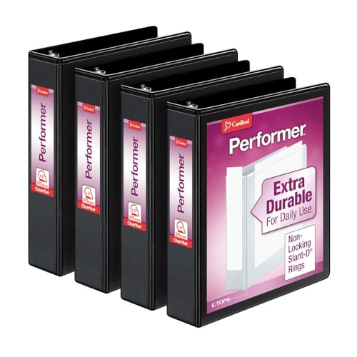 Cardinal Performer 3-Ring Binders, 1.5", Non-Locking Slant-D Rings, 375-Sheet Capacity, ClearVue Presentation, Non-Stick, PVC-Free, Black, 4-Pack (27401) - size: 1.5-Inch