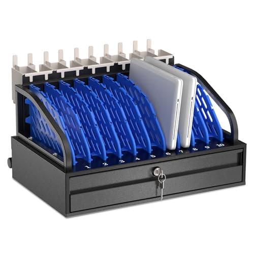POCHAR 10-Device Open Charging Station for Chromebooks, iPads & Tablets | Heavy-Duty Steel Rack with Lockable Storage Drawer, Multi-Device Charging Organizer for School, Office, Hospital - size: 10 Tablet/Chromebook