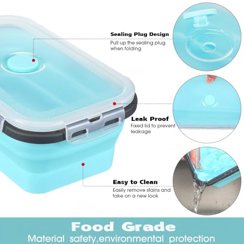 Mimorou 8 Pcs Collapsible Food Storage Containers Foldable Silicone Lunch Containers with Lids 4 Silicone Rectangle Collapsible Bowls and 4 Round Food Bowls Microwave Freezer Dishwasher Safe (Blue) - color: Blue