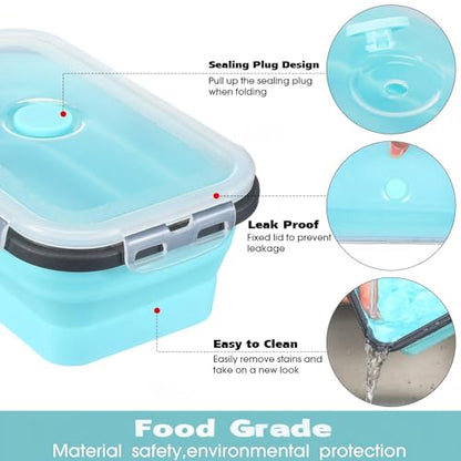 Mimorou 8 Pcs Collapsible Food Storage Containers Foldable Silicone Lunch Containers with Lids 4 Silicone Rectangle Collapsible Bowls and 4 Round Food Bowls Microwave Freezer Dishwasher Safe (Blue) - color: Blue