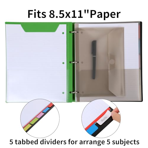 Pivotable Refillable Notebook, 1 Inch 3 Ring Notebook Binder, 50 College Ruled Paper, 5 Subject Notebook with Dividers and Folder Pockets, Tabs- Green - color: Green, size: 1 PCS