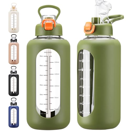 chunmo 64 oz Glass Water Bolttles with Straw Half Gallon Large Motivational Water Bottle with Time Marker Sports Water Bottles with Silicone Sleeve and Handle Lid Water Jug for Gym Workout - color: Army, size: 64 Ounces