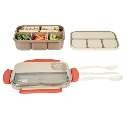 Restaurantware-Bento Tek 43.9 Ounce Bento Box, 1 Reusable Lunch Container - With Cutlery, Does Not Contain BPA, Brown And Orange Plastic Reusable Lunch Box, Sauce Cup Included, Microwavable - size: 1 Count, style: 44 oz - Brown