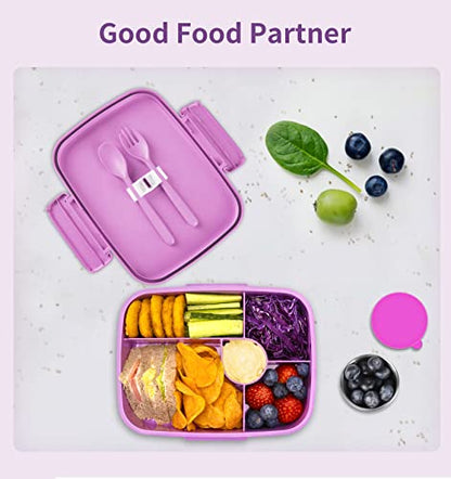 Bento Lunch Box with Kids/Adults, 5 Compartments Leakproof Lunch Container with Dressing Cup, Eco-Friendly Double Insulated Boxes, Dishwasher and Microwave Safe, BPA-Free (purple) - color: Purple