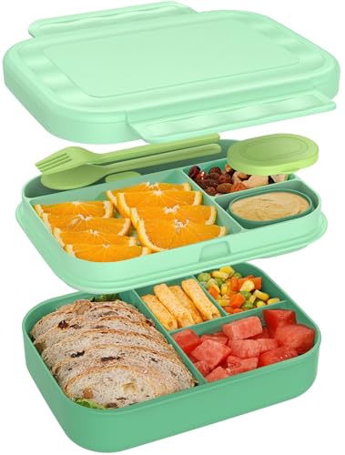 Caperci Bento Lunch Box for Kids - 5.8 Cups Stackable Leakproof Bento Box Adult Lunch Box with Sauce Container - Idea for School, On-the-go, Built-in Utensil Set, BPA Free (Green) - color: Green