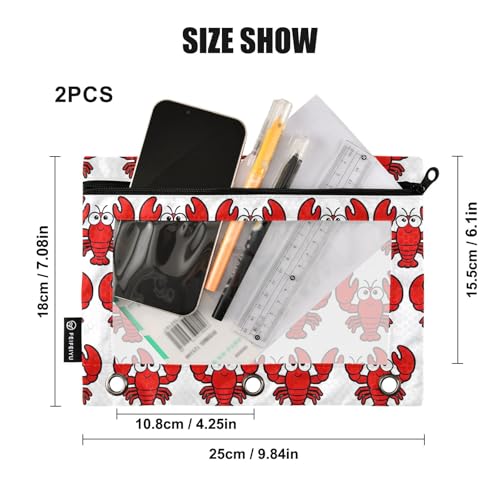 Lobster Pencil Pouches for 3 Ring Binder, Zipper Binder Pencil Case, 2 Pack Clear Window Case Bag for Office Organizers - color: Lobster